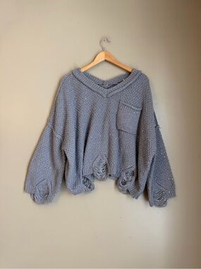 POL oversized distressed knit sweater Gray V Neck Sparkling Sequins Bohemian
P
